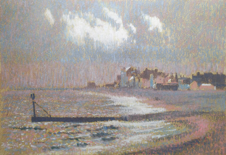 Aldeburgh beach in Winter light pastel drawing
